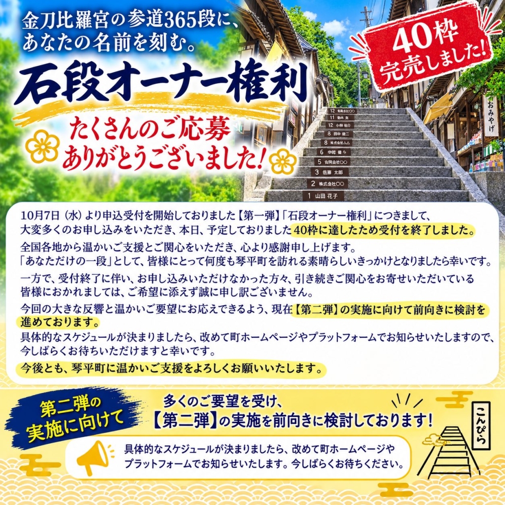こちら10/7開始でしたが、10/8には売り切れました。
現在【第二弾】の実施に向けて前向きに検討を進めてるようなので、次回を待ちましょう。
https://www.town.kotohira.kagawa.jp/soshiki/2/12076.html