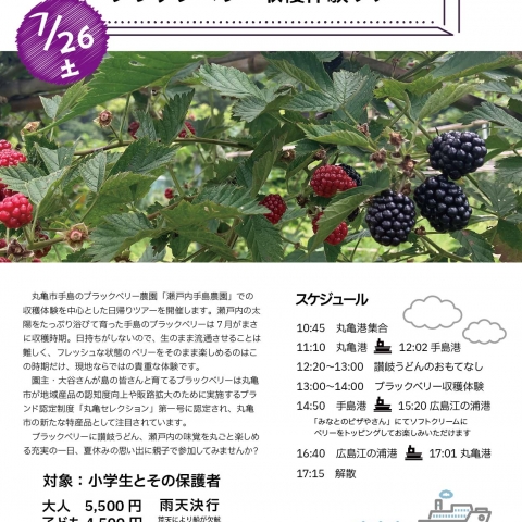 丸亀市手島のブラックベリー農園での
収穫体験ツアーを初開催します！
日付：2025年7月26日（土）
時間：10：45～17：15
対象：小学生とその保護者
旅行代金：大人　5,500 円・子ども 4,500 円
詳しくは丸亀市観光協会ＷＥＢサイトをご確認ください。