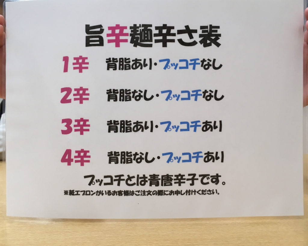 来来亭 丸亀店の注文時に選択できる旨辛麺辛さ表の画像