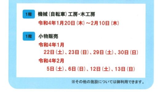 クリントピア丸亀でエコ丸工房内の工事を行うため一部臨時休館するみたい