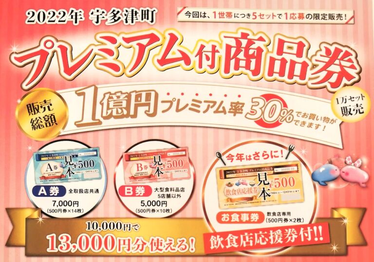 宇多津町で2022年度の「プレミアム付商品券」の応募が開始されてる※6月6日(月)必着