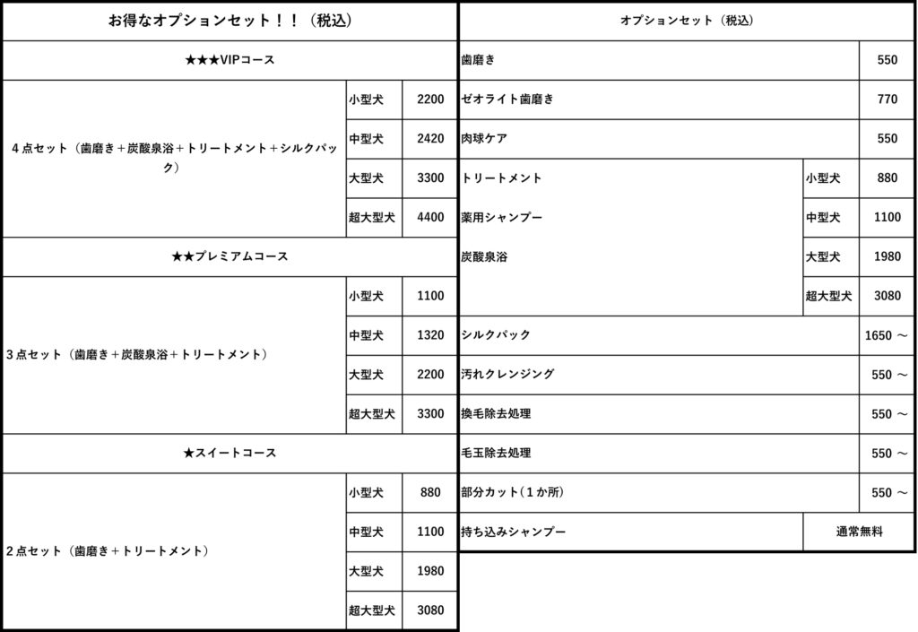 まんのう町 綾川町 坂出市 宇多津町 丸亀市 わんにゃんシャンプーサービス ペットの湯 シャンプー料金表