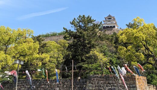 丸亀城の北側内堀と通町商店街にこいのぼりが泳いでる