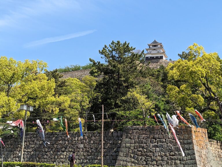 丸亀城の北側内堀と通町商店街にこいのぼりが泳いでる