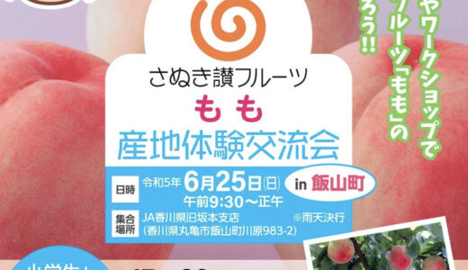 丸亀市飯山町で「さぬき讃フルーツもも産地体験交流会」が2023年6月25日(日)に開催されるみたい。応募は6月18日(日)まで！