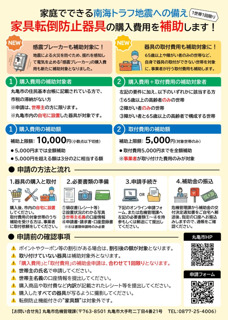 【9月1日は防災の日】丸亀市が地震対策として家具転倒防止器具の購入費用を補助してくれるみたい。一人暮らしのお年寄りや障害を持つ人には実際の取付け補助も。